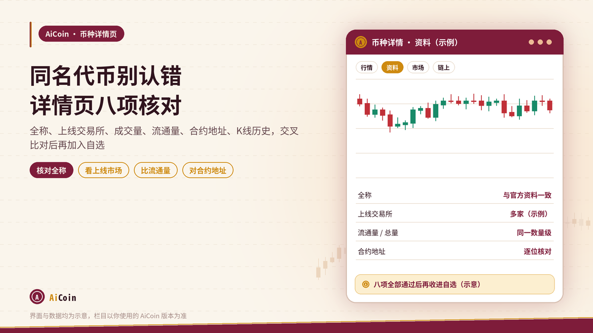 AiCoin币种详情页资料栏与核对项示意