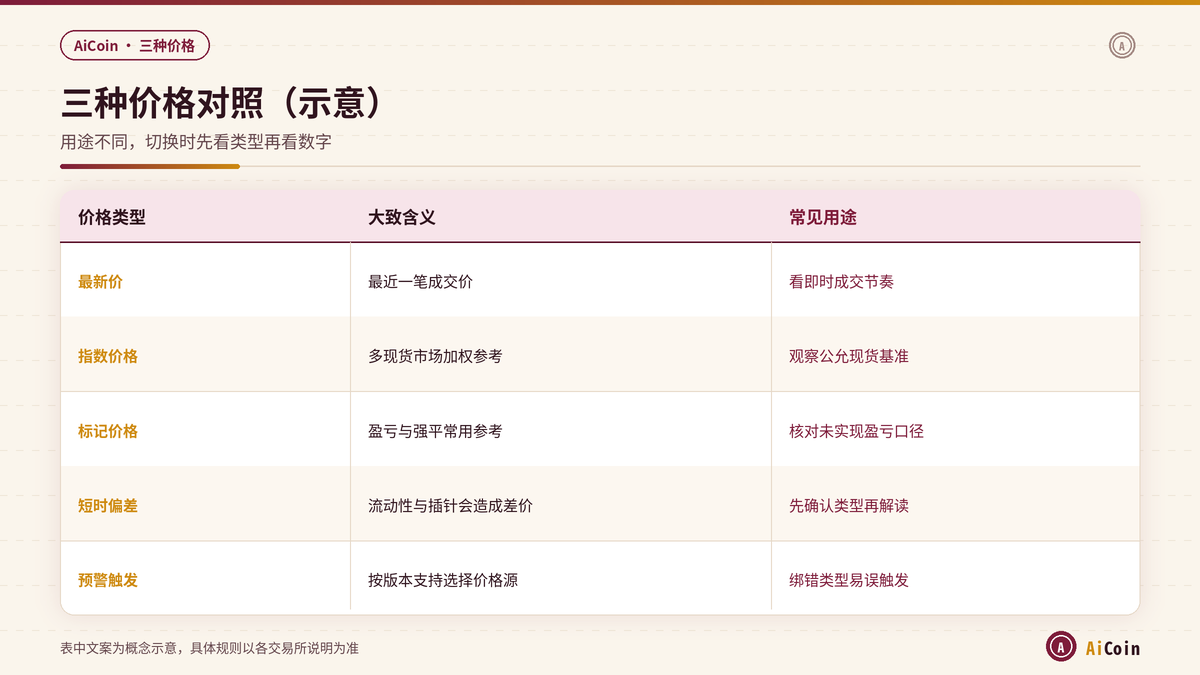 AiCoin最新价指数价格与标记价格含义及用途对照示意