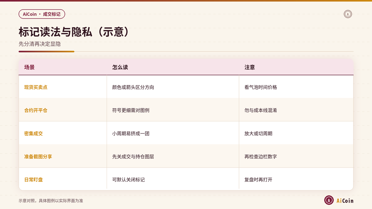 AiCoin买卖开平仓标记读法与隐私关闭对照