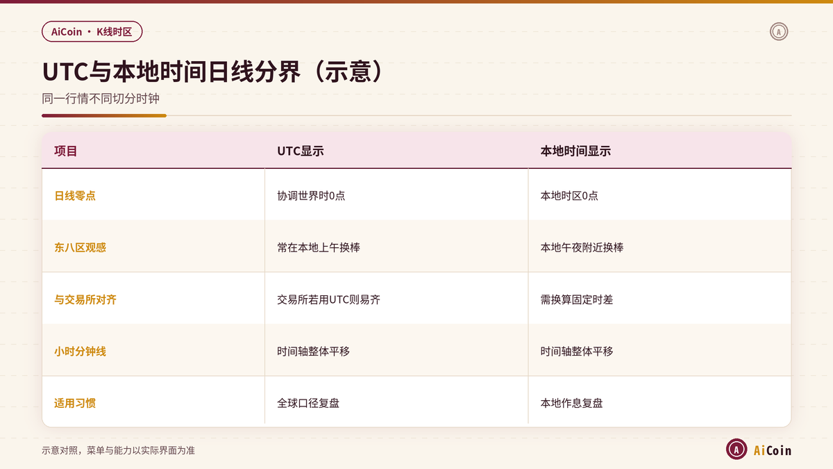 AiCoin UTC与本地时间日线分界对照示意