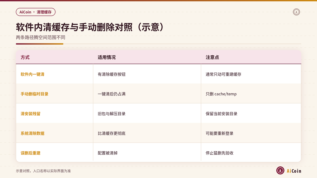 AiCoin软件内清缓存与手动删临时目录对照示意